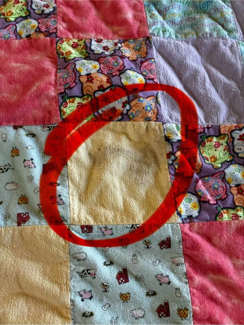 Handmade Charlotte’s Web Inspired Rag Quilt Throw 59x63 Pastel - Stain